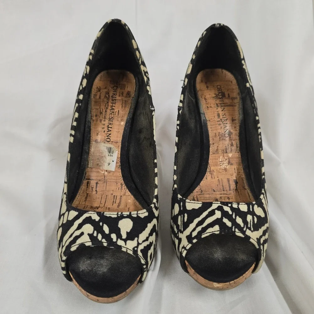 Christian Siriano Black Cream Tribal Print Peep Toe Platform Cork Heels Size 7W - Picture 3 of 5